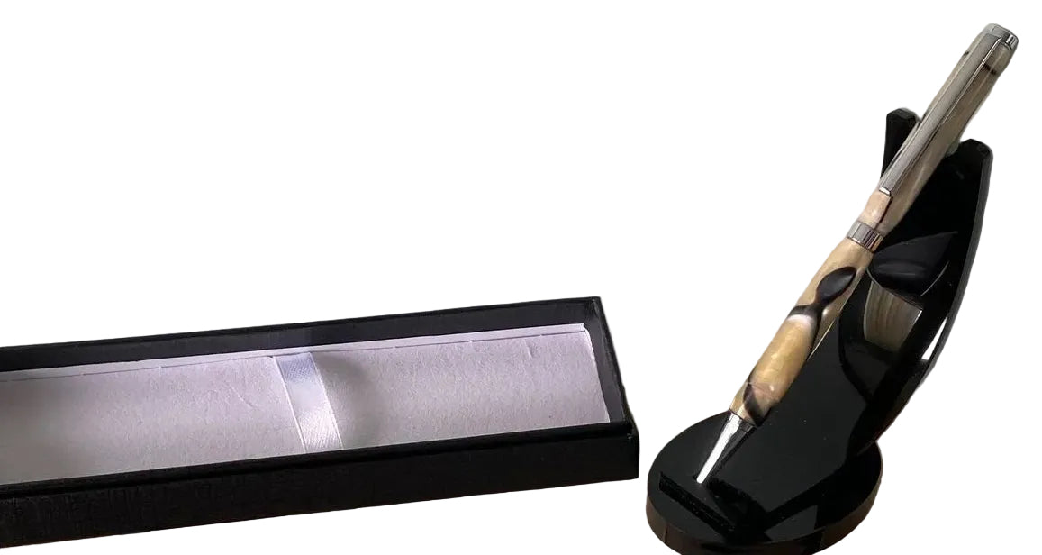 Hand Turned Beige and Black Resin Marble Twist Pen