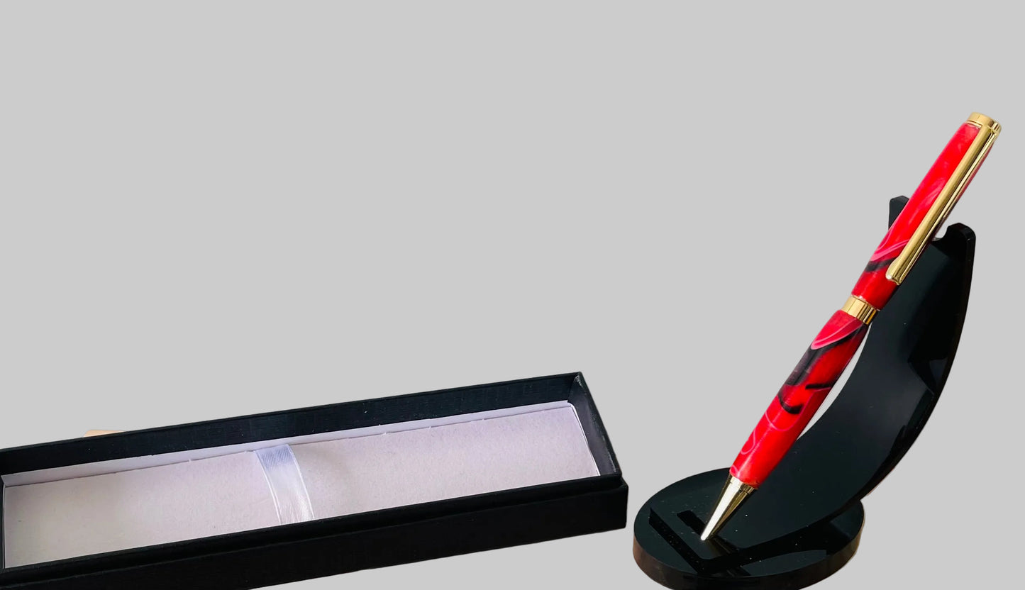 Hand Turned Red/Black Resin Marble Twist Pen
