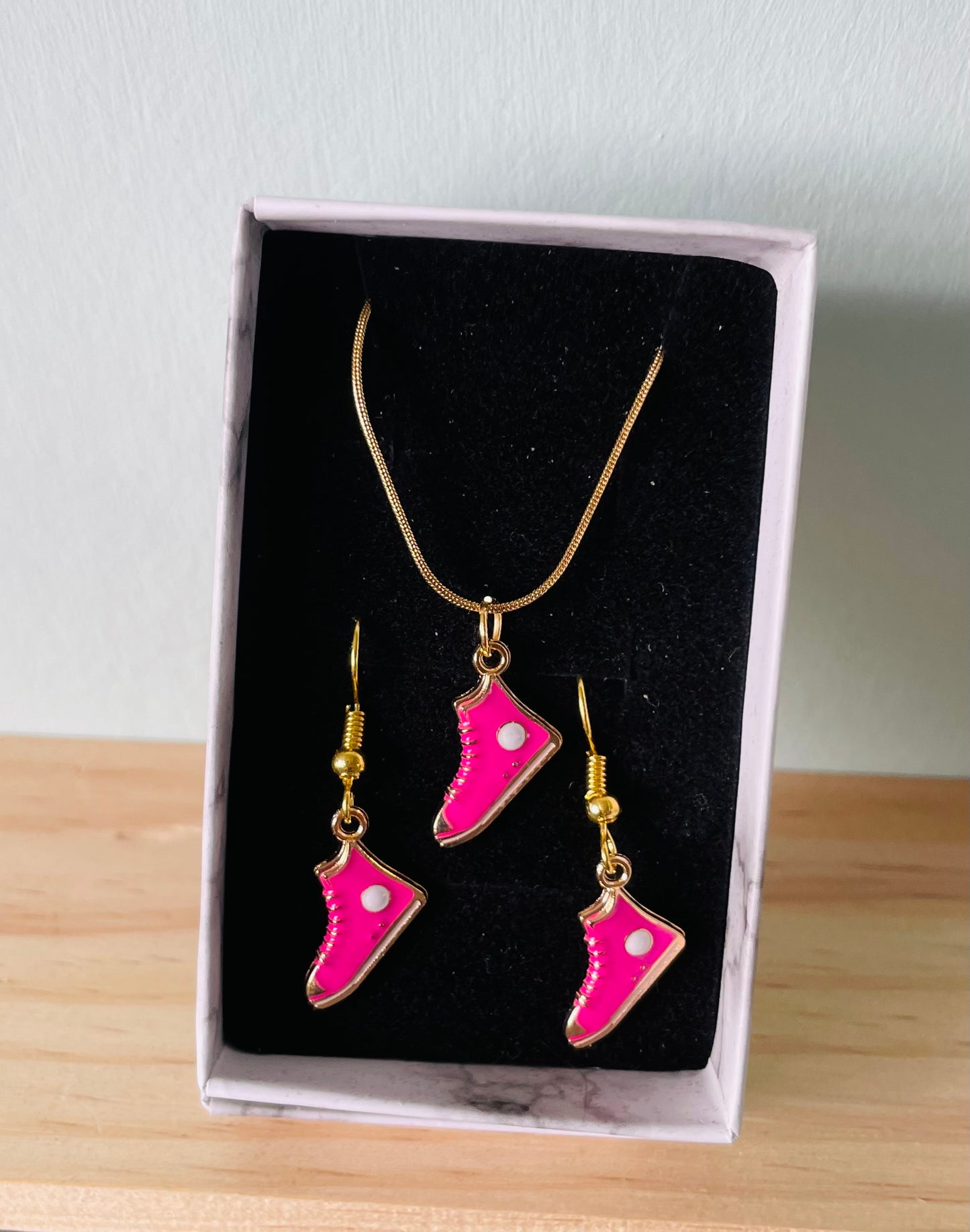 Handmade Bright Pink Converse Earrings & Necklace set