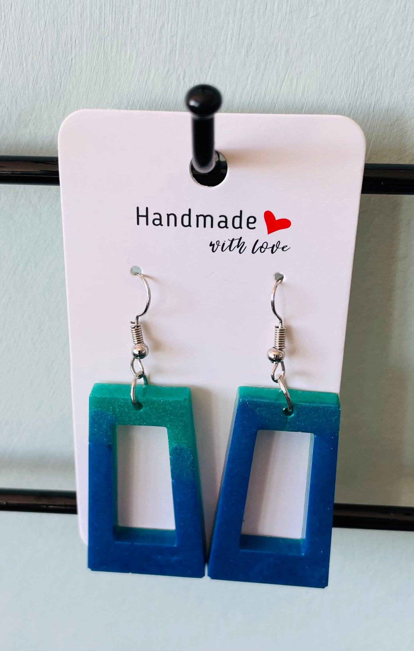 Handmade Geometric Resin Earrings - Blue and Green- hypoallergenic