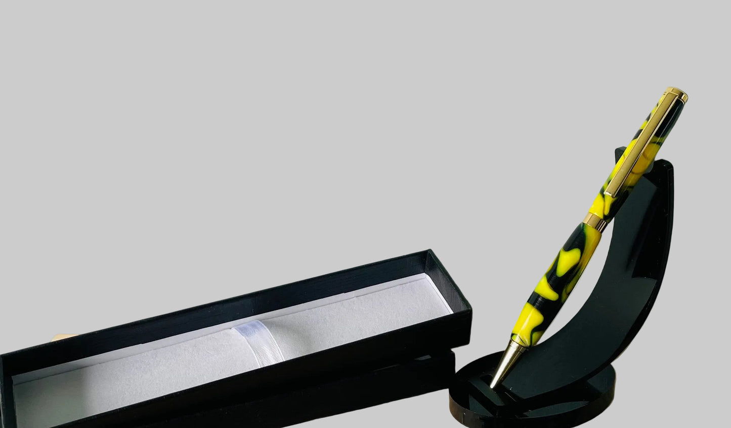 Hand Turned Yellow and Black Resin Marble Twist Pen