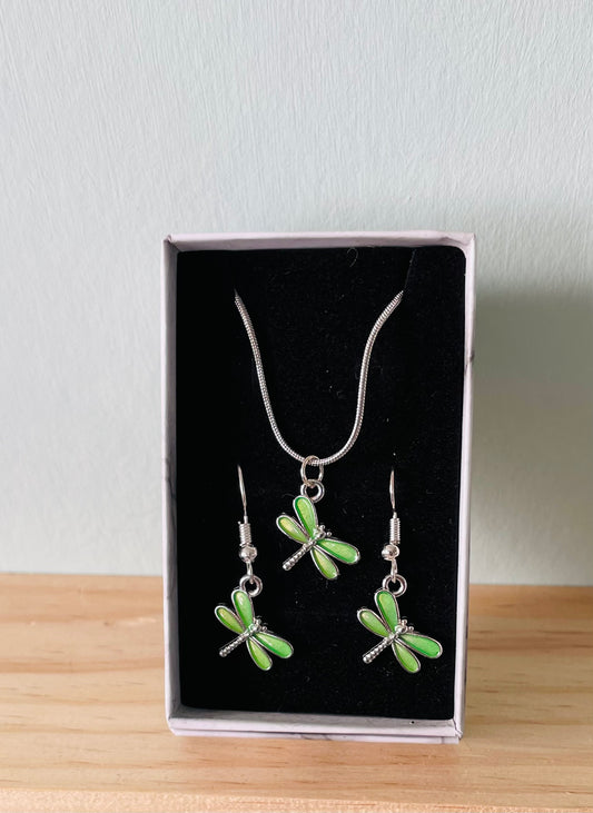 Handmade Green Dragonfly Earrings  & Necklace set