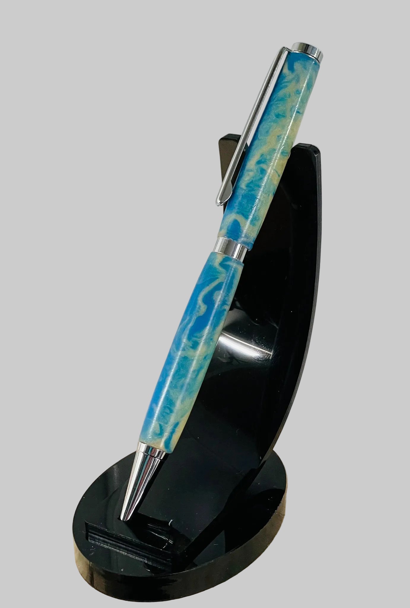 Hand Turned Baby Blue and Cream Resin Marble Twist Pen