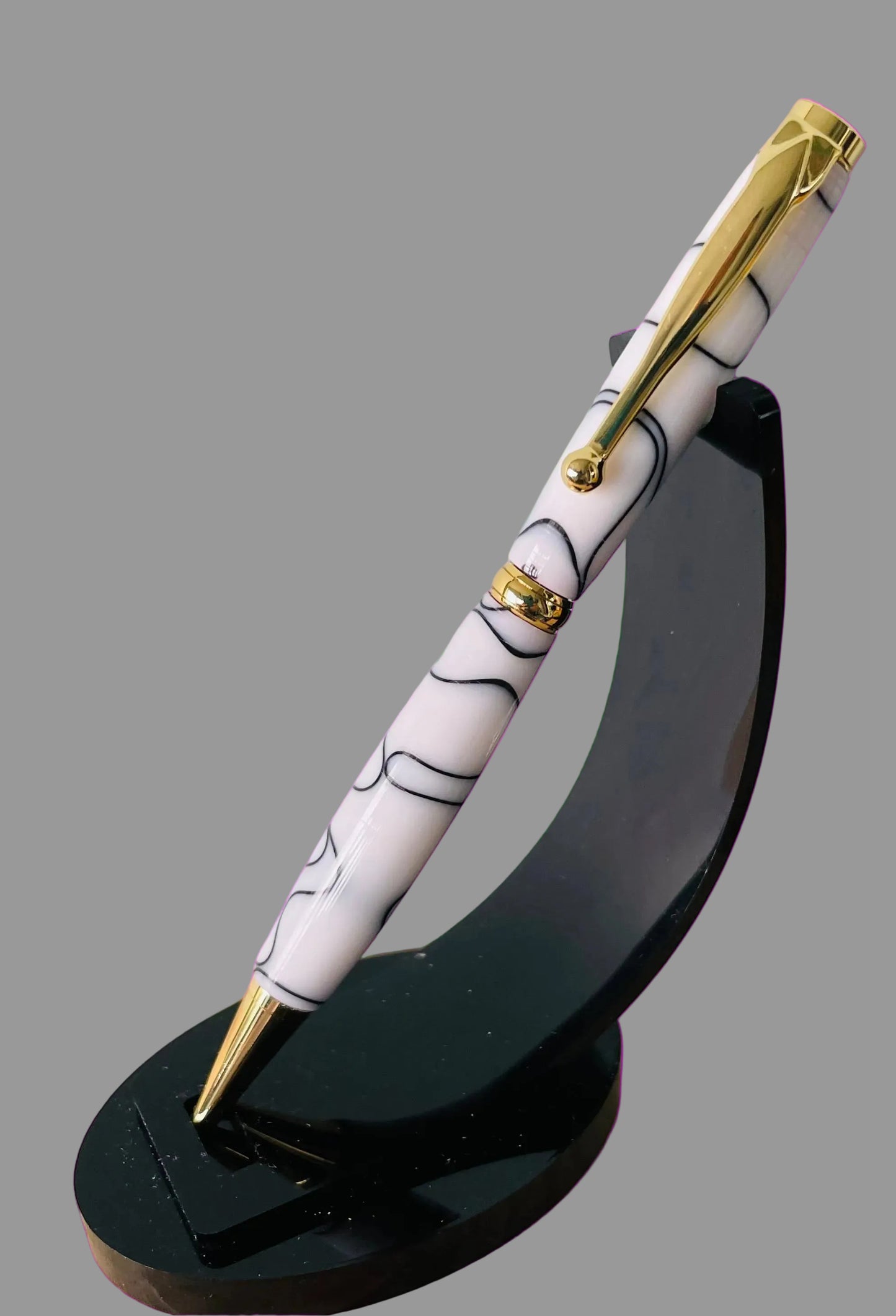 Hand Turned White and Black Resin Marble Twist Pen