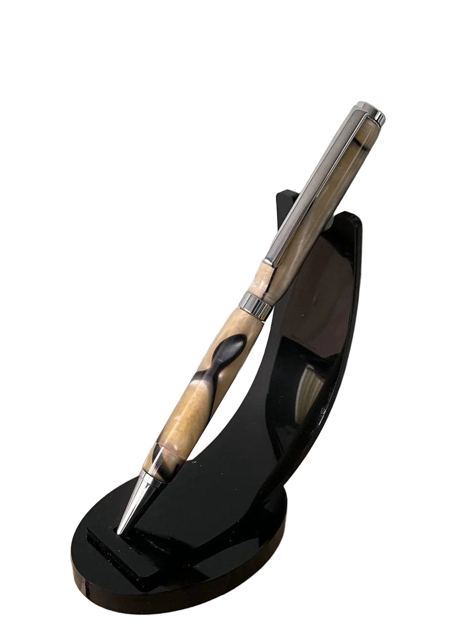 Hand Turned Beige and Black Resin Marble Twist Pen