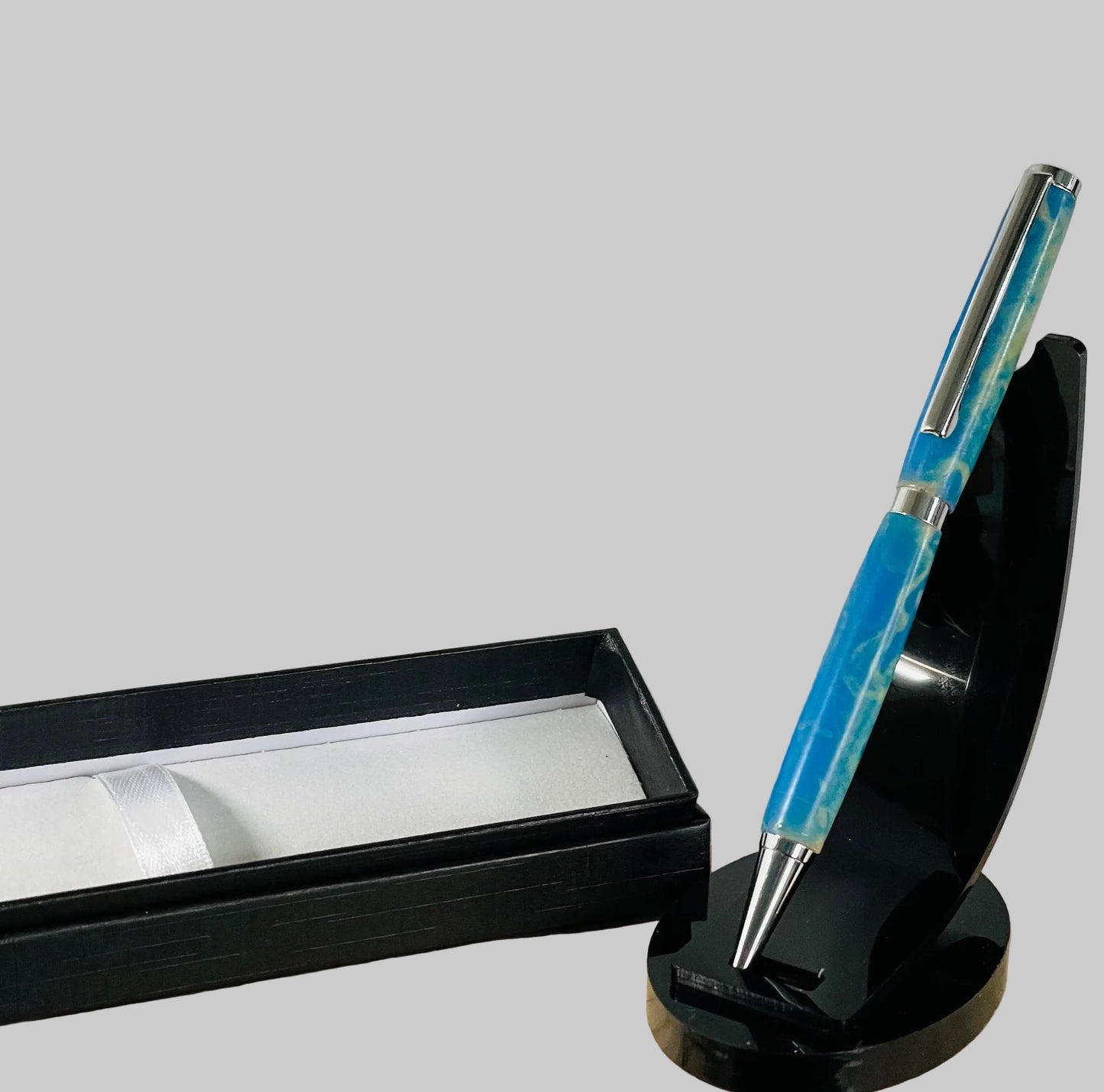 Hand Turned Baby Blue and Cream Resin Marble Twist Pen