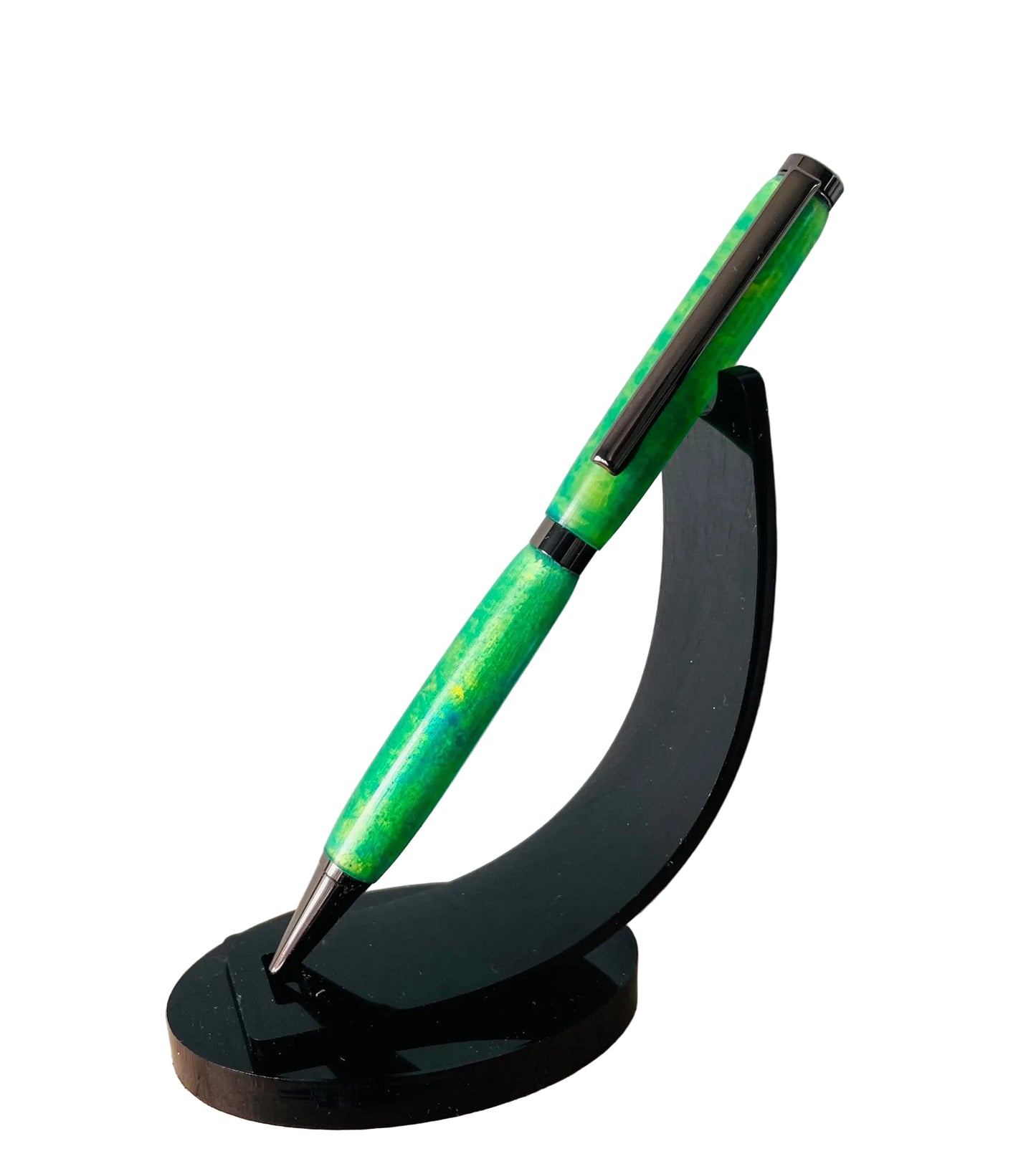 Hand Turned Green and Yellow Resin Marble Twist Pen
